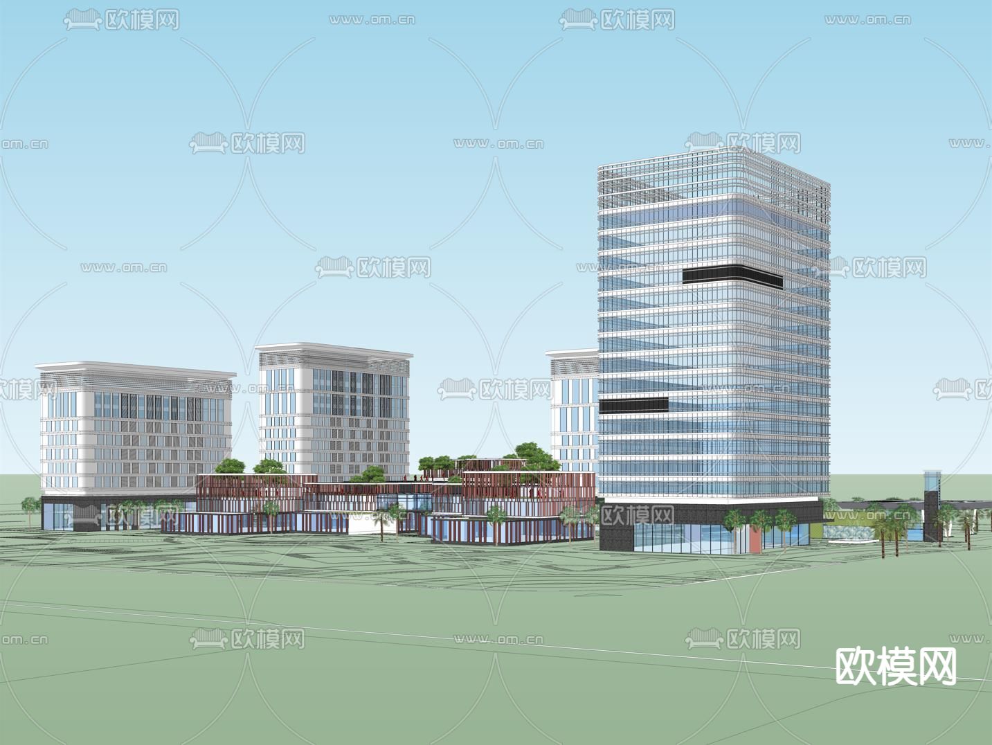 现代办公产业园鸟瞰su模型下载（渲染图2）