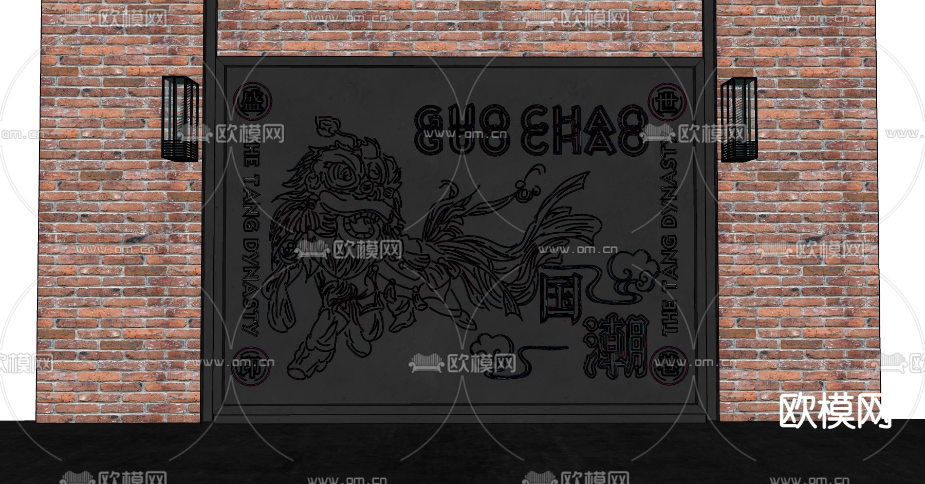 国潮舞狮霓虹灯 装饰灯su模型下载（渲染图2）