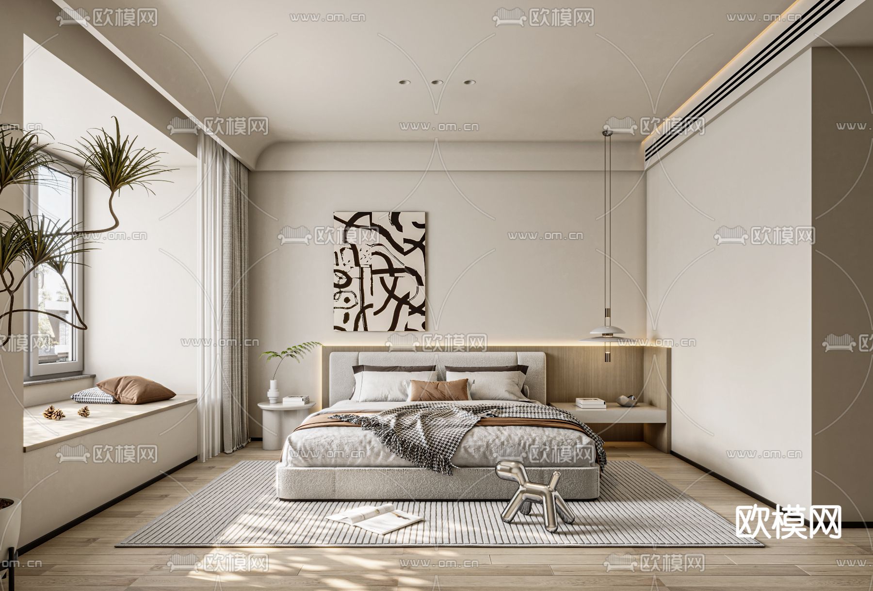 奶油风卧室 主人房su模型下载（渲染图1）