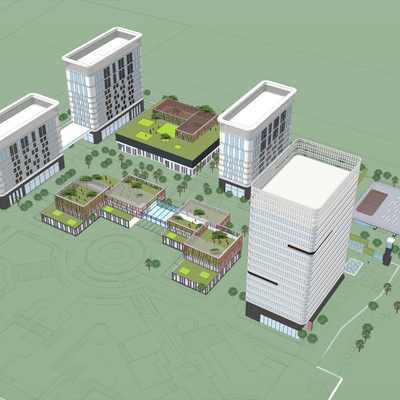  现代办公产业园鸟瞰su模型 