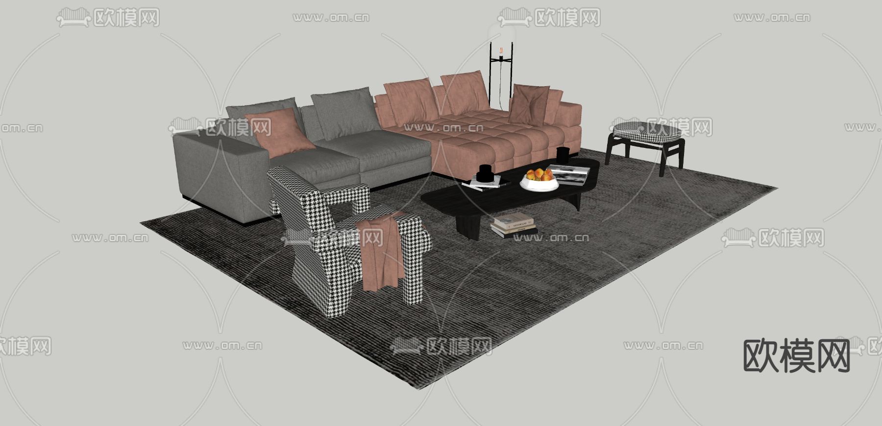 简欧转角组合沙发 模块沙发su模型下载（渲染图3）