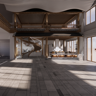  新中式农业展览馆展厅su模型 