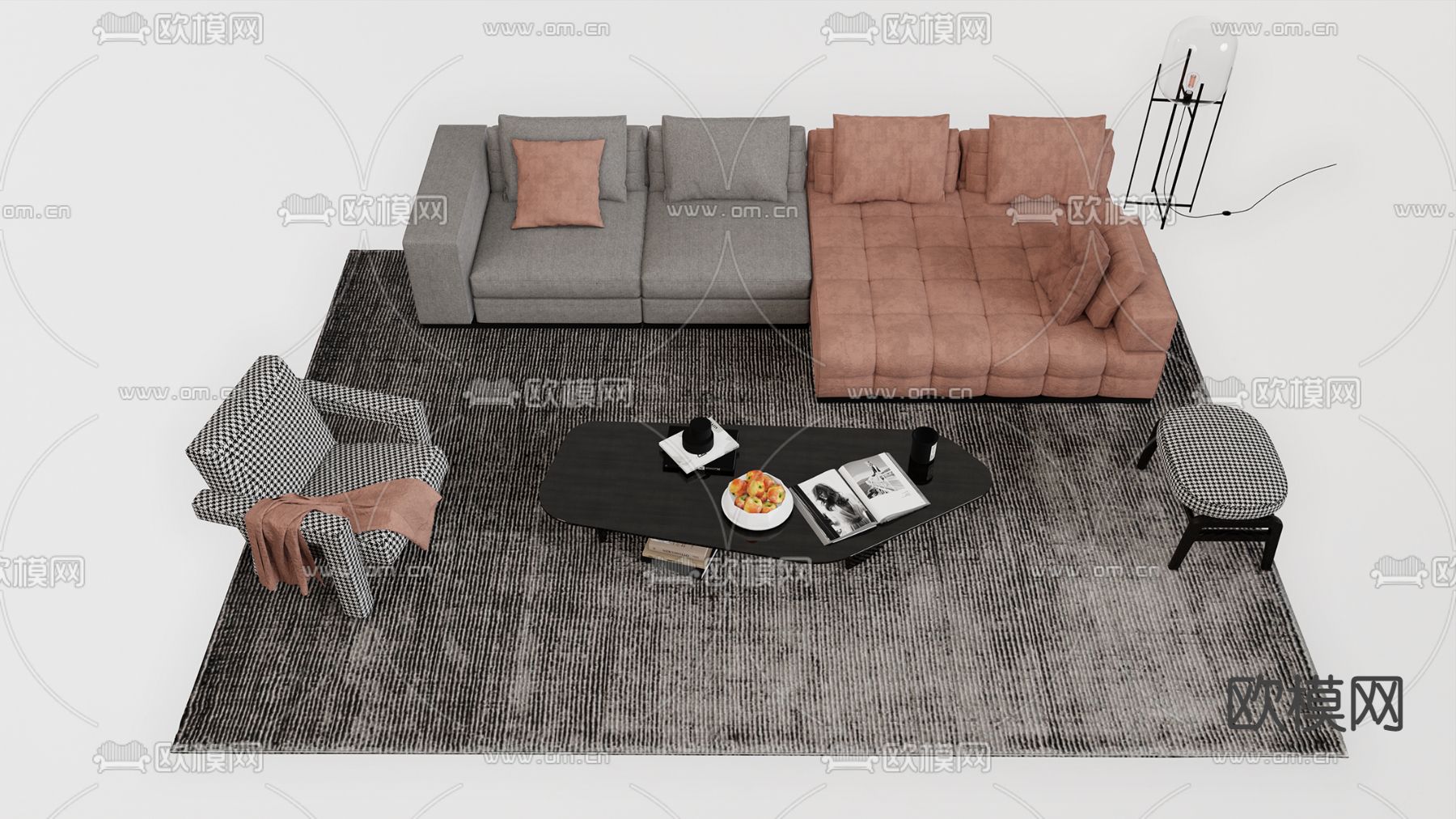 简欧转角组合沙发 模块沙发su模型下载（渲染图2）