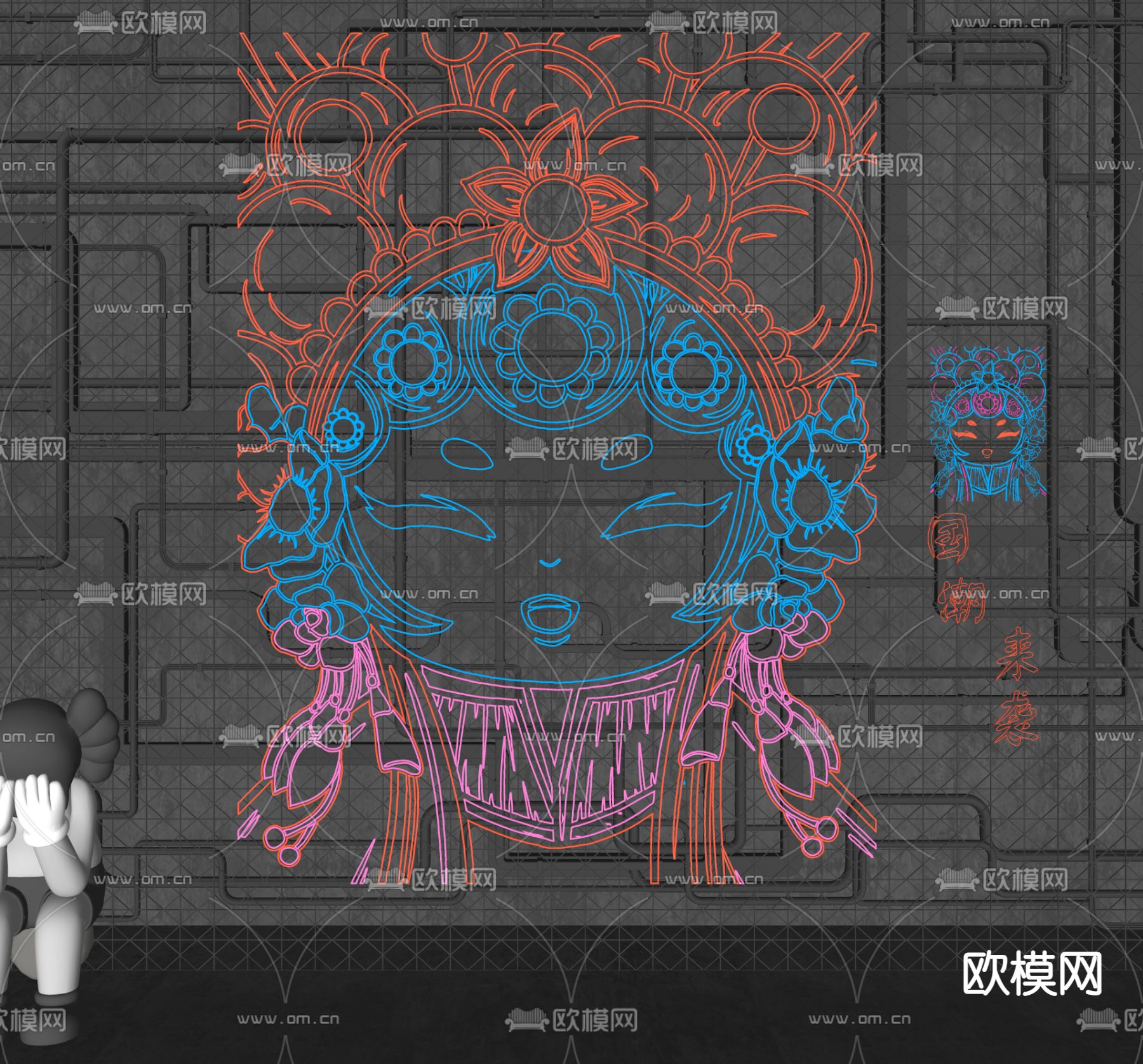 现代国潮霓虹灯su模型下载（渲染图2）