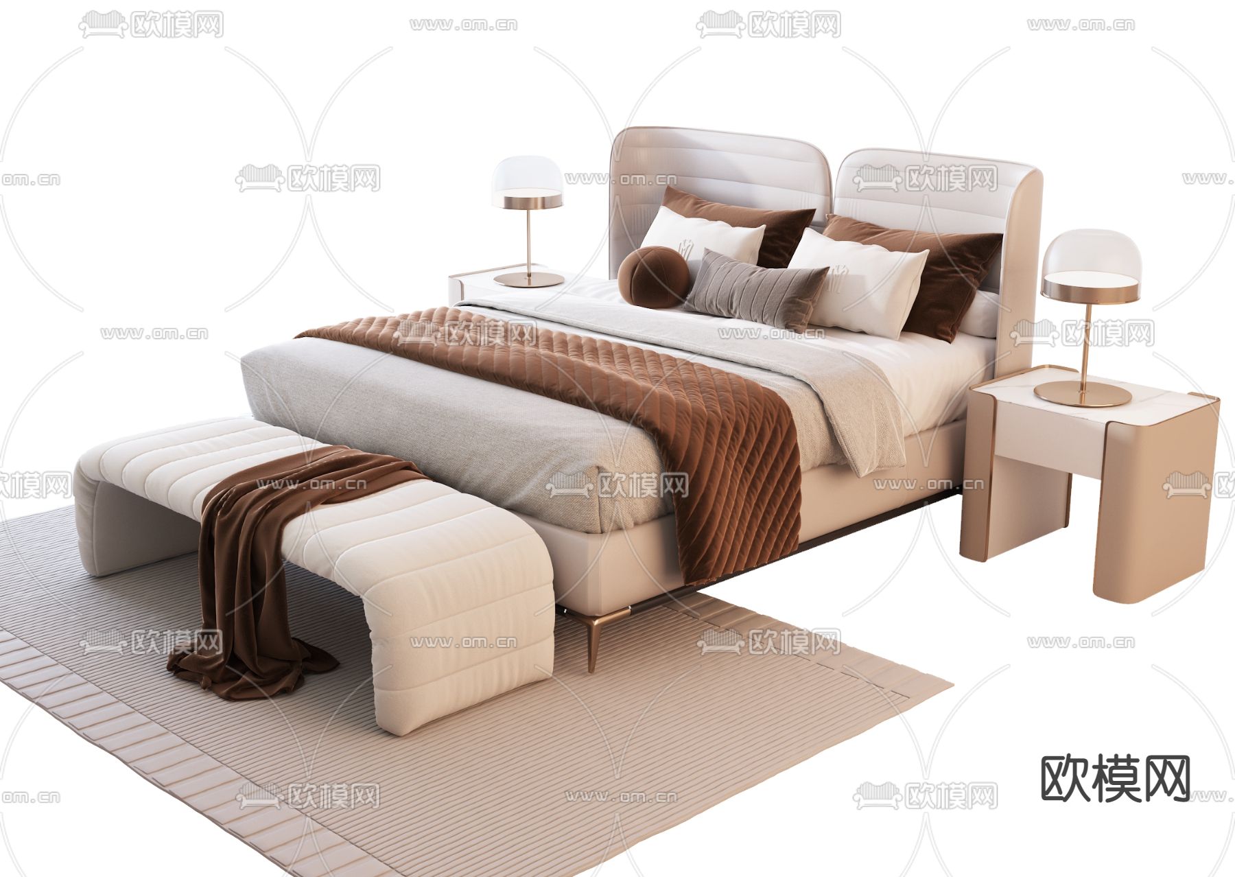 现代双人床su模型下载（渲染图1）