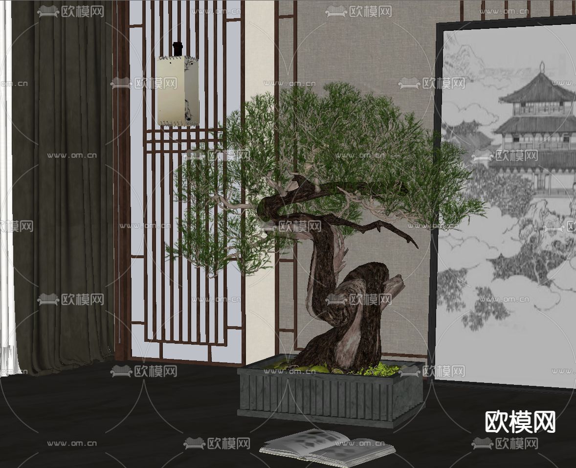 新中式松树绿植盆栽su模型下载（渲染图2）