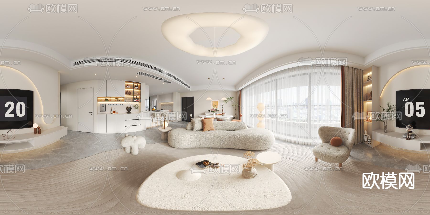 奶油风客餐厅vr全景3d模型-免费3dmax模型库-欧模网