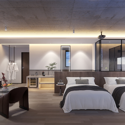  侘寂风双床民宿客房su模型 