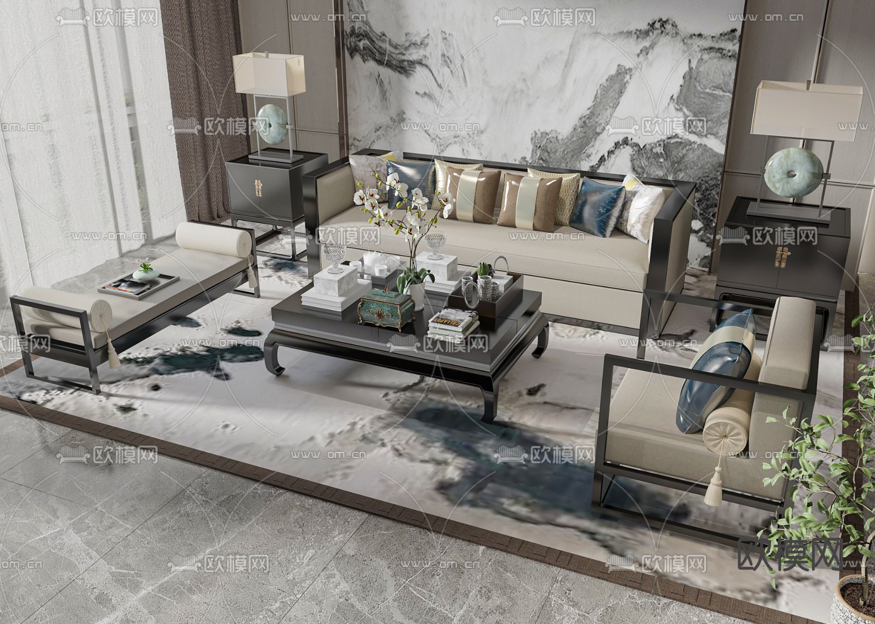 新中式组合沙发3d模型下载