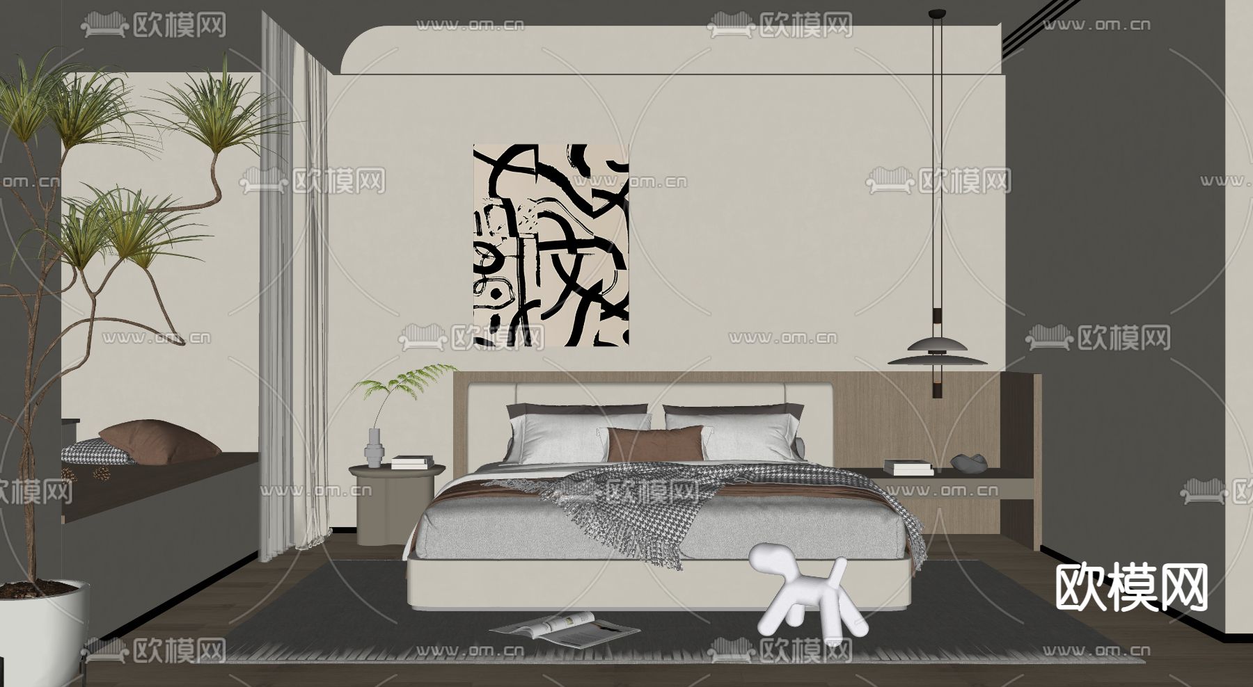 奶油风卧室 主人房su模型下载（渲染图2）