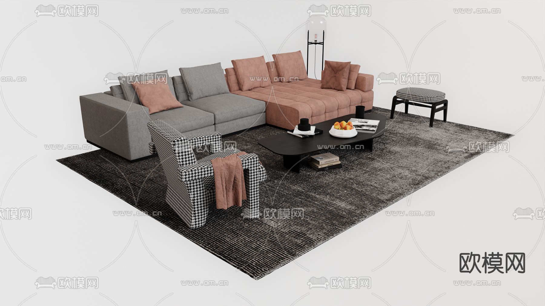 简欧转角组合沙发 模块沙发su模型下载（渲染图1）