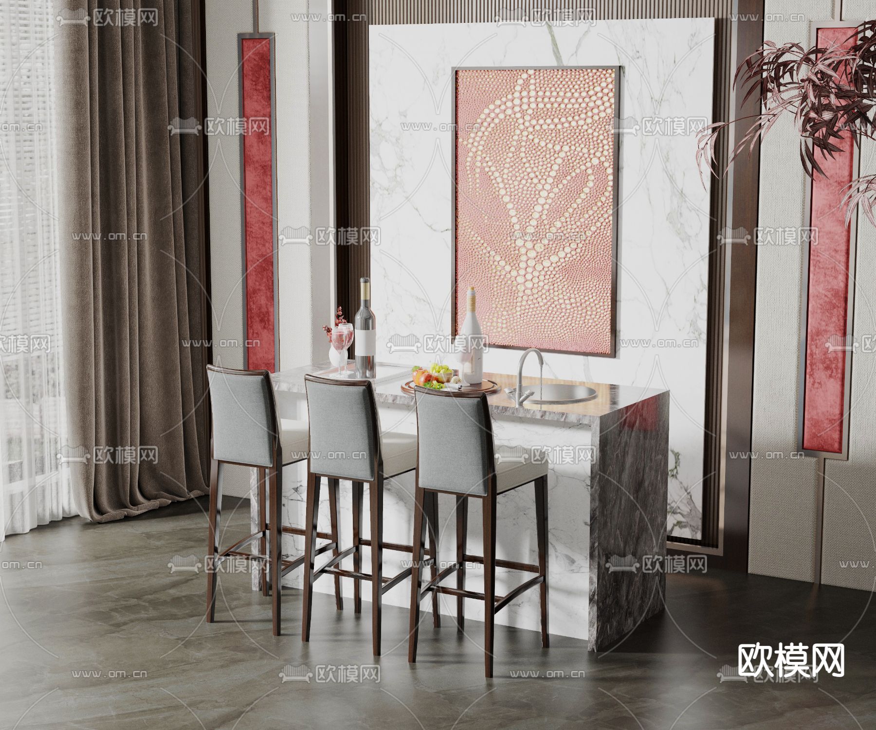 新中式大理石吧台3d模型下载