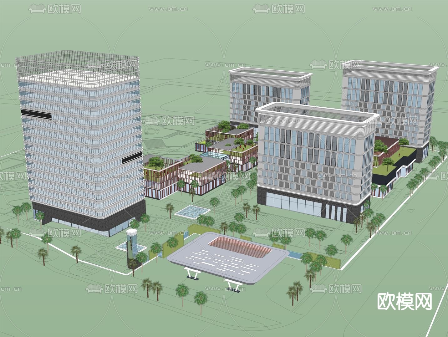 现代办公产业园鸟瞰su模型下载（渲染图3）