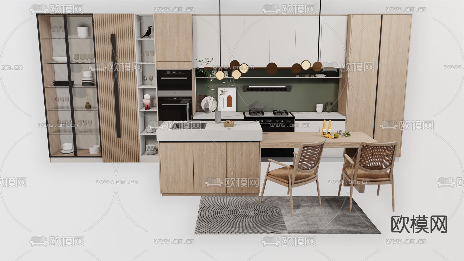 现代橱柜 西厨岛台su模型下载（渲染图2）
