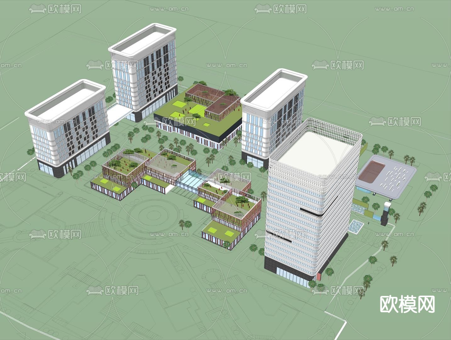 现代办公产业园鸟瞰su模型下载（渲染图1）