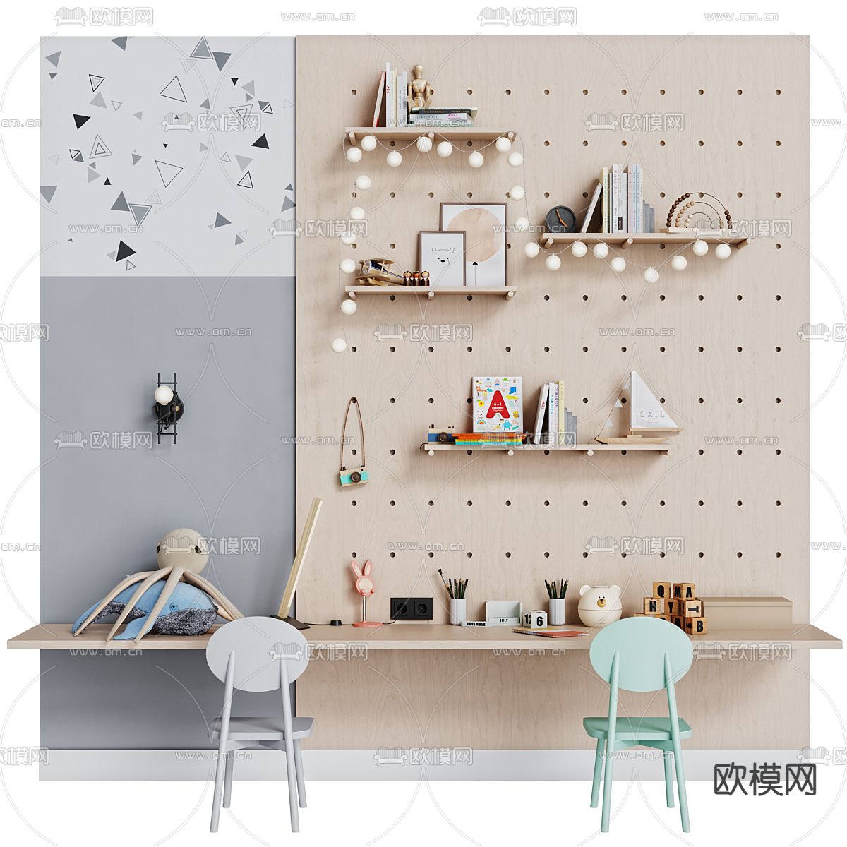 儿童书桌椅 洞洞板3d模型下载（渲染图1）
