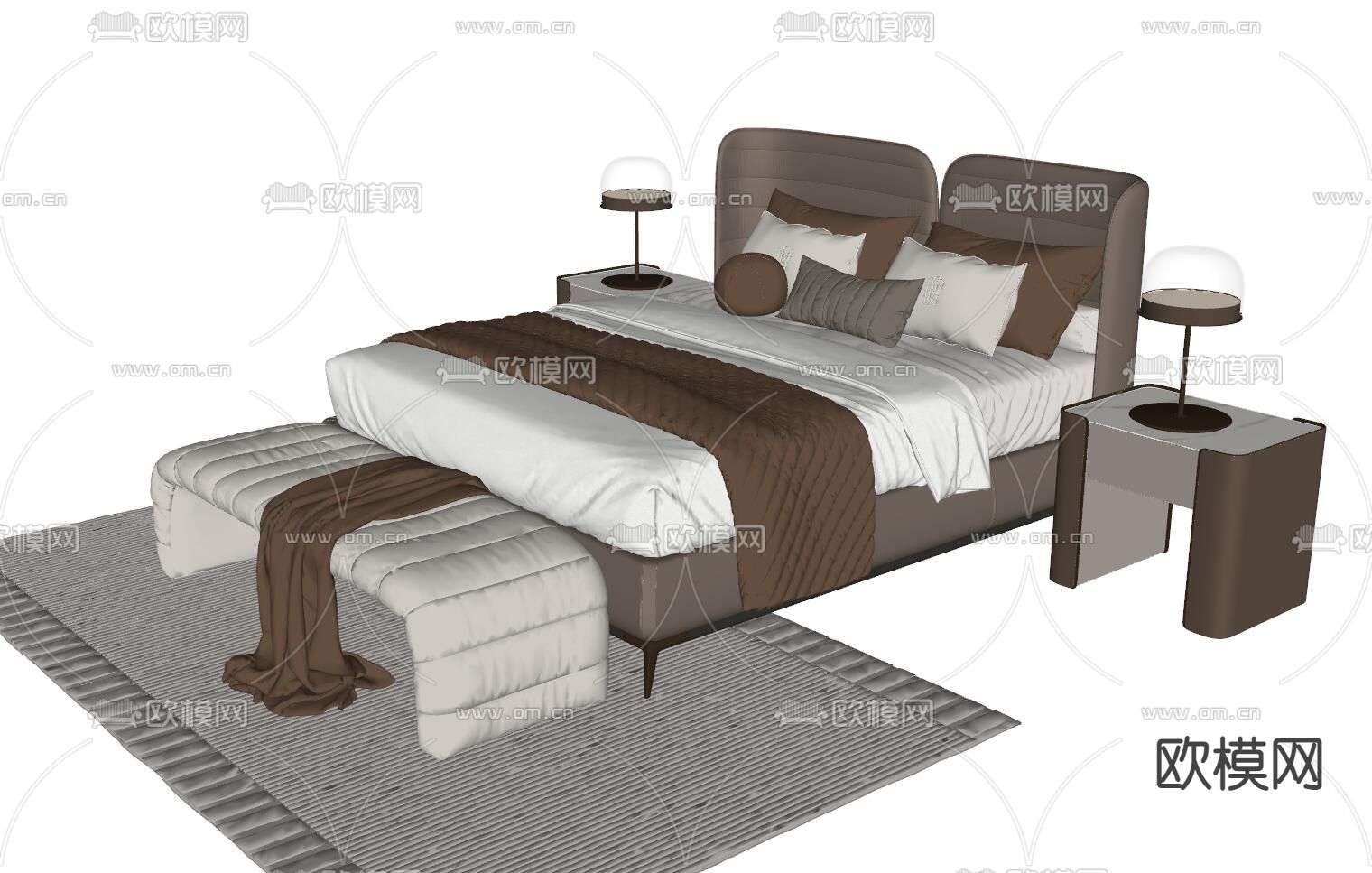 现代双人床su模型下载（渲染图2）