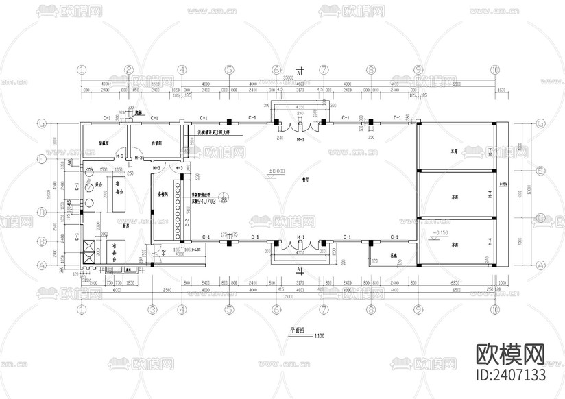 食堂建筑設(shè)計(jì)cad施工圖下載(渲染圖1)