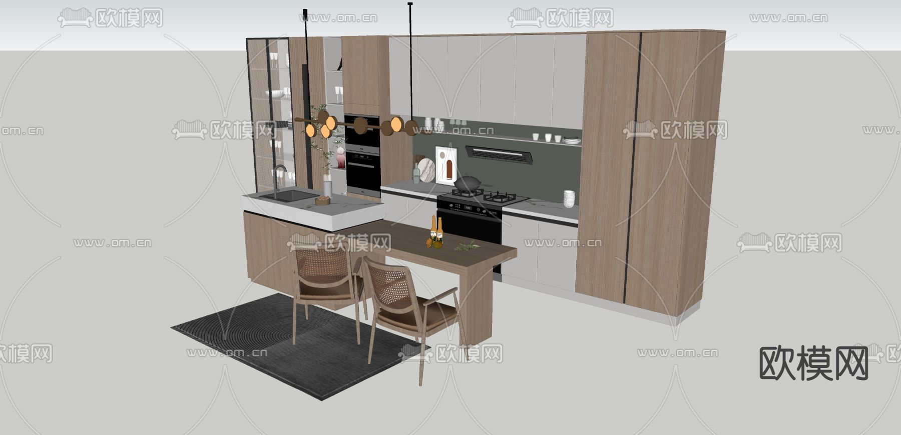现代橱柜 西厨岛台su模型下载（渲染图3）