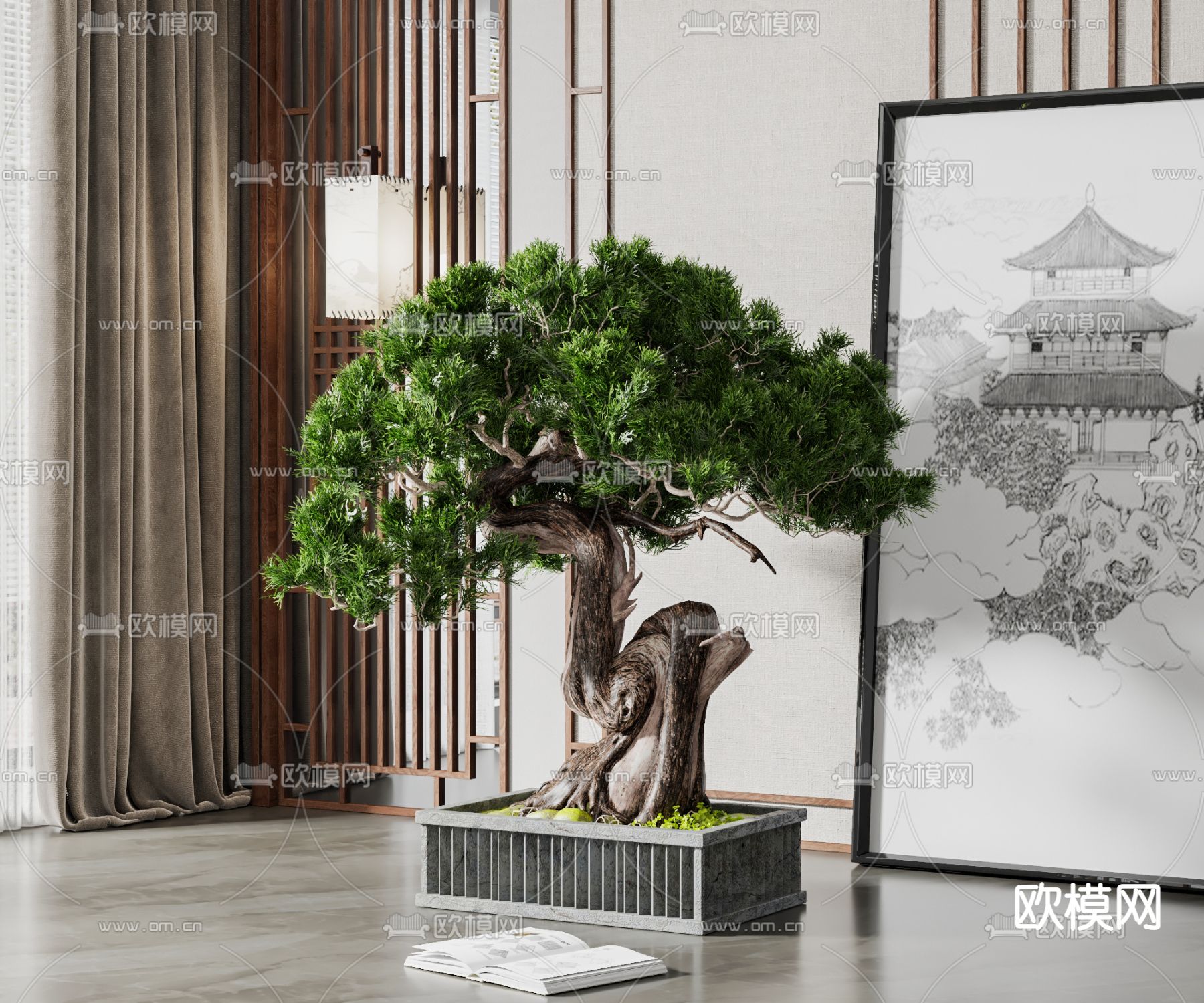 新中式松树绿植盆栽su模型下载（渲染图1）