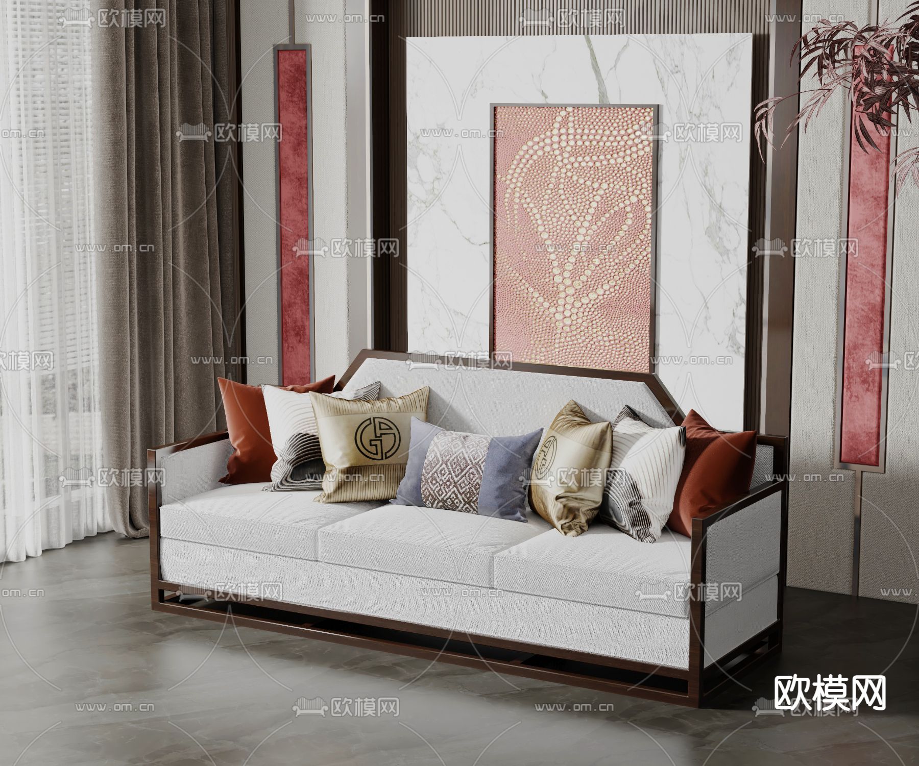 新中式多人沙发3d模型下载