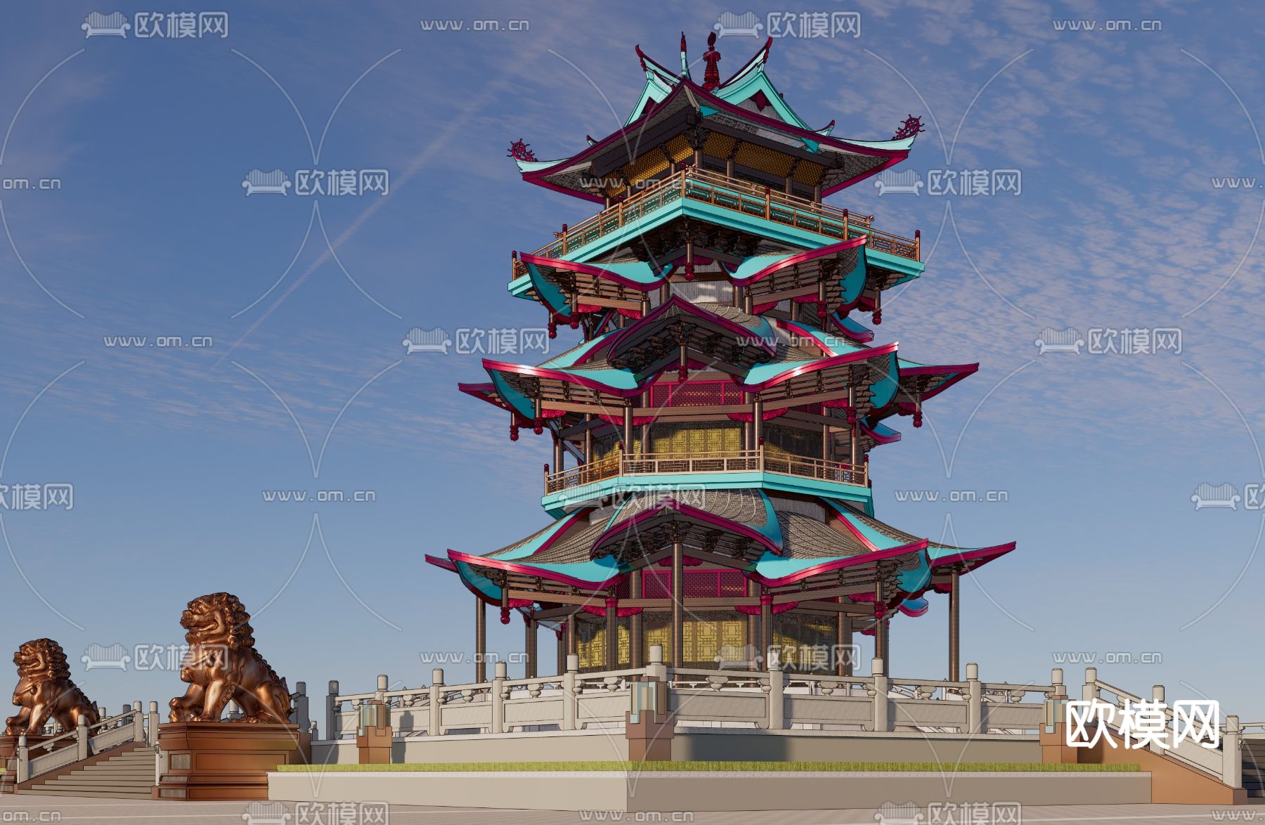 中式古建塔楼su模型下载（渲染图1）