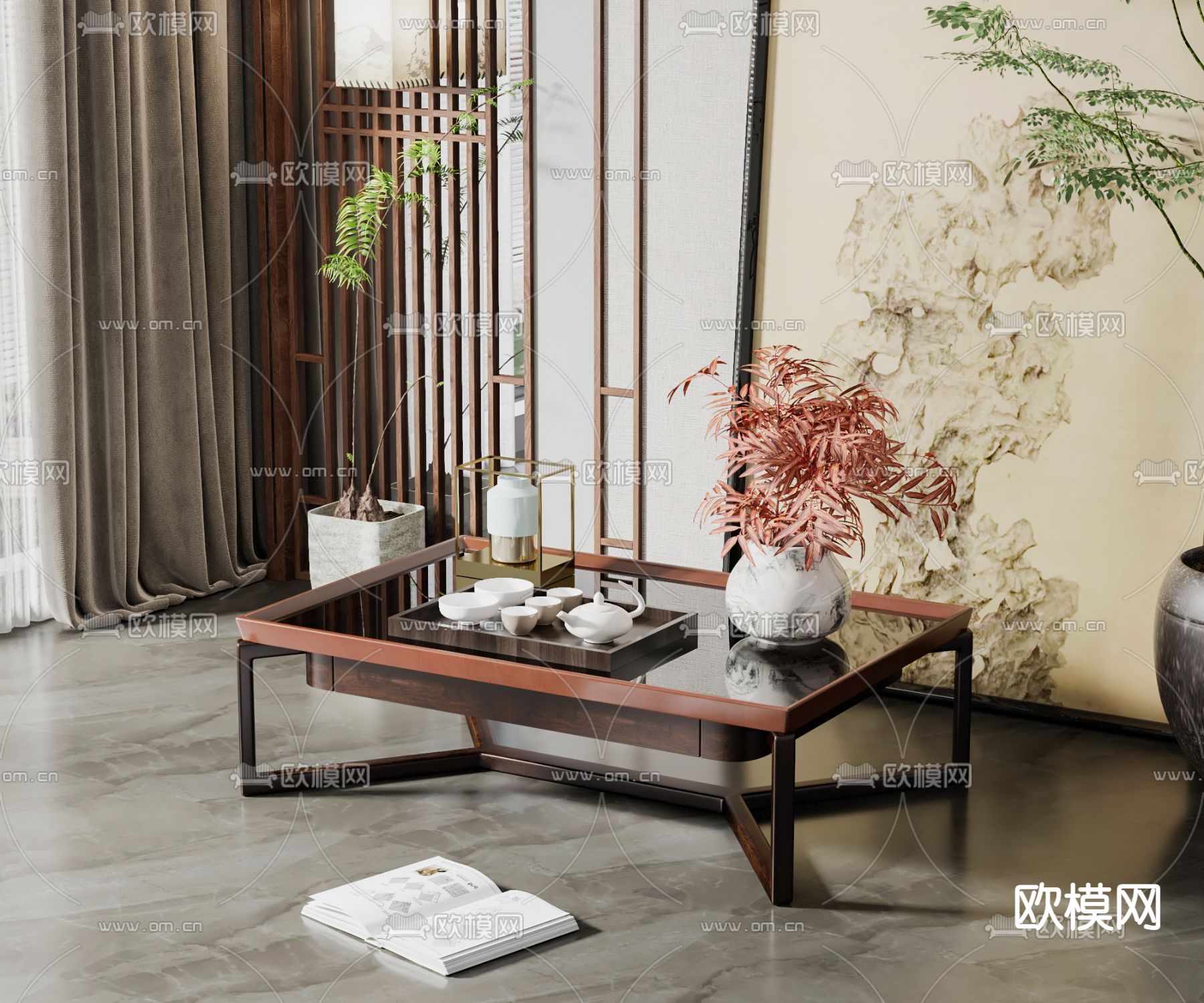 新中式实木茶几su模型下载（渲染图1）