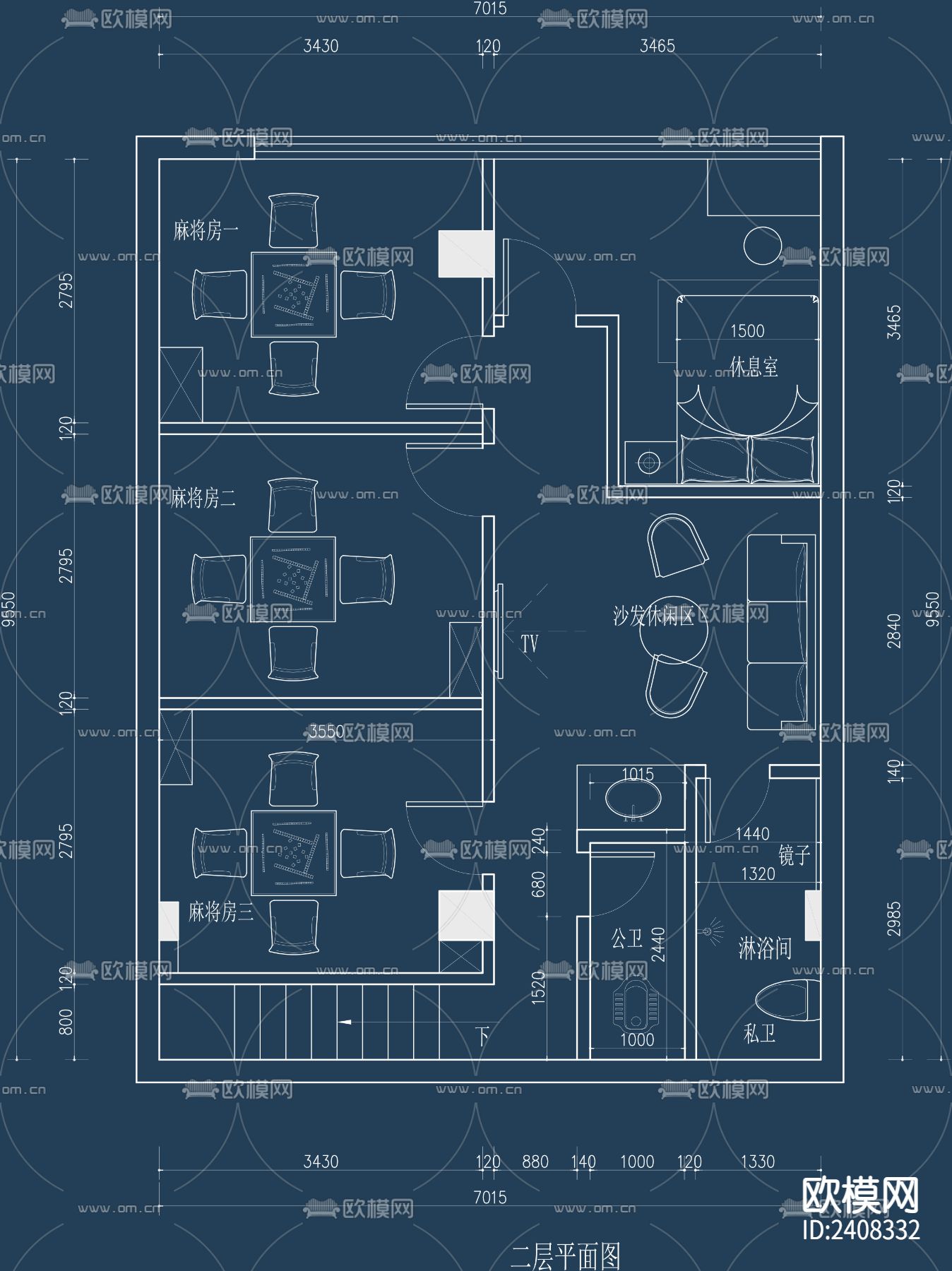 麻将房棋牌室平面设计cad施工图下载（渲染图1）