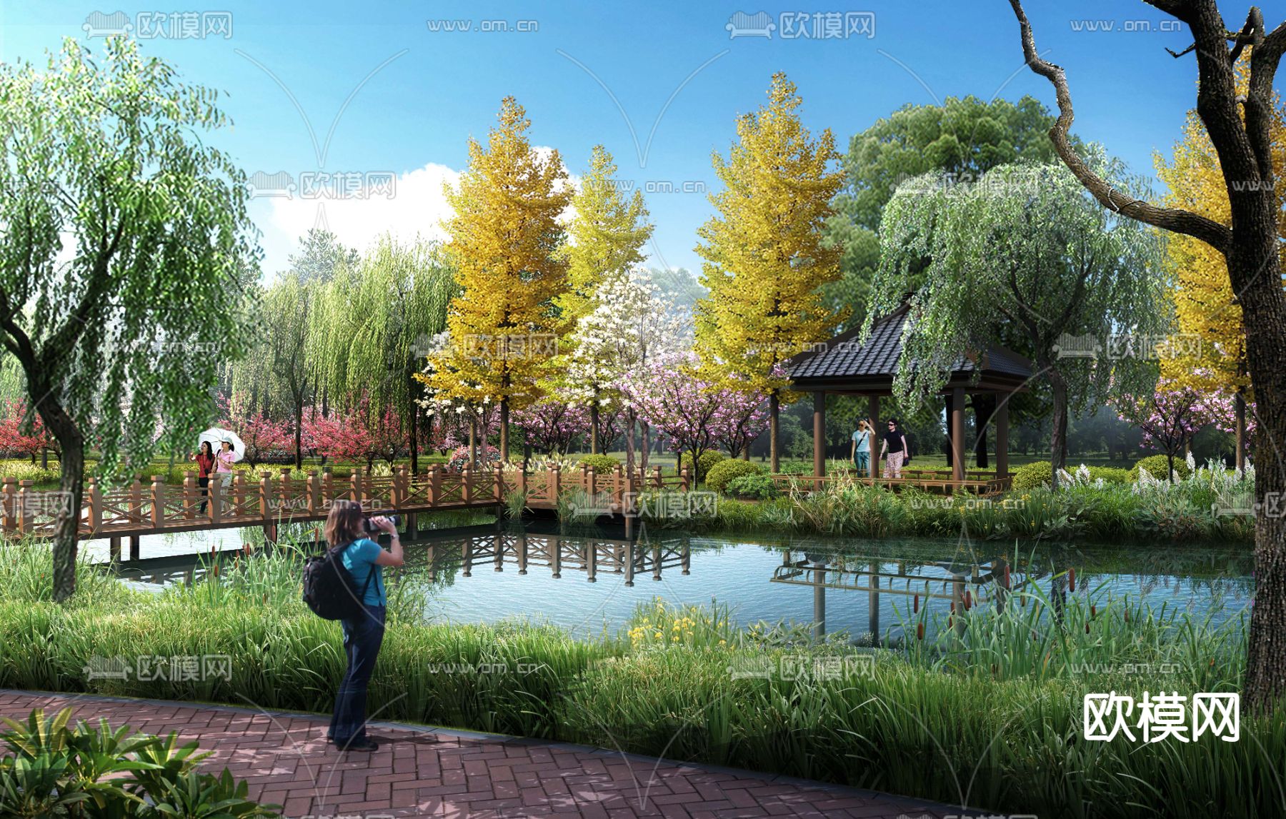 中式公园河边景观psd下载