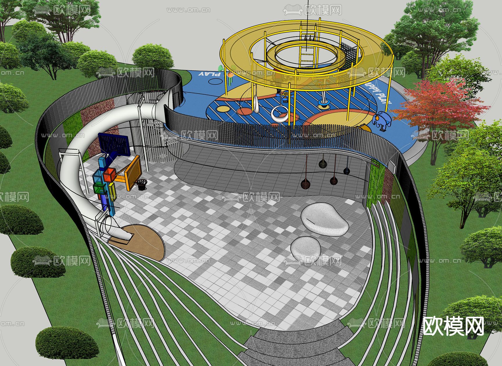 现代公园儿童游乐设备su模型下载（渲染图2）