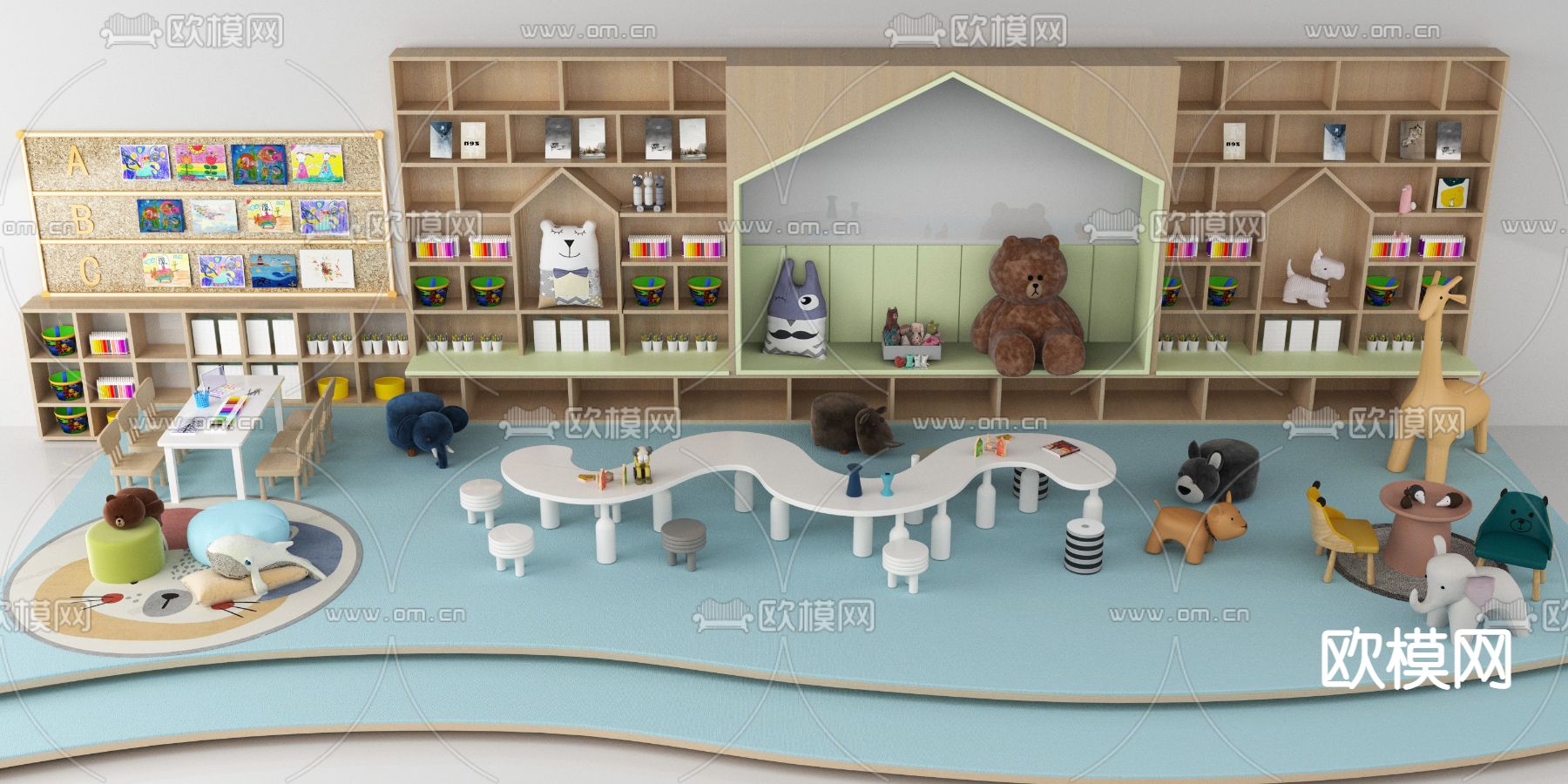现代儿童桌椅 儿童书柜su模型下载（渲染图1）