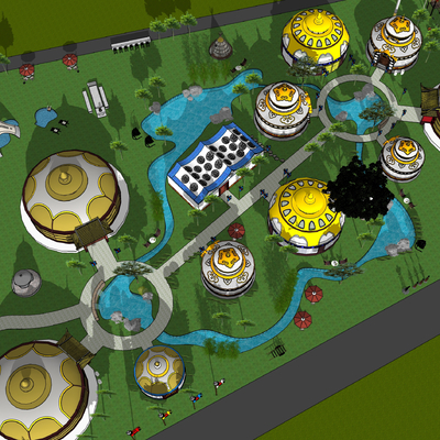  现代蒙古包餐厅鸟瞰su模型 