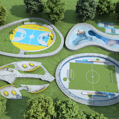  户外篮球场 乒乓球场 足球场su模型 