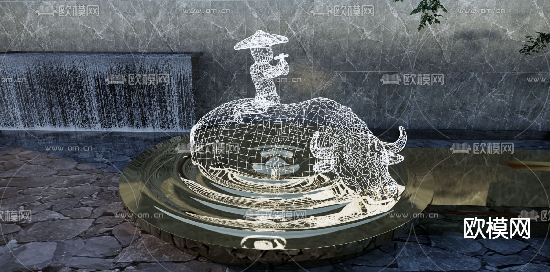 新中式水景雕塑小品 牧童牛雕塑su模型下载_ID12234167_sketchup模型下载-欧模网
