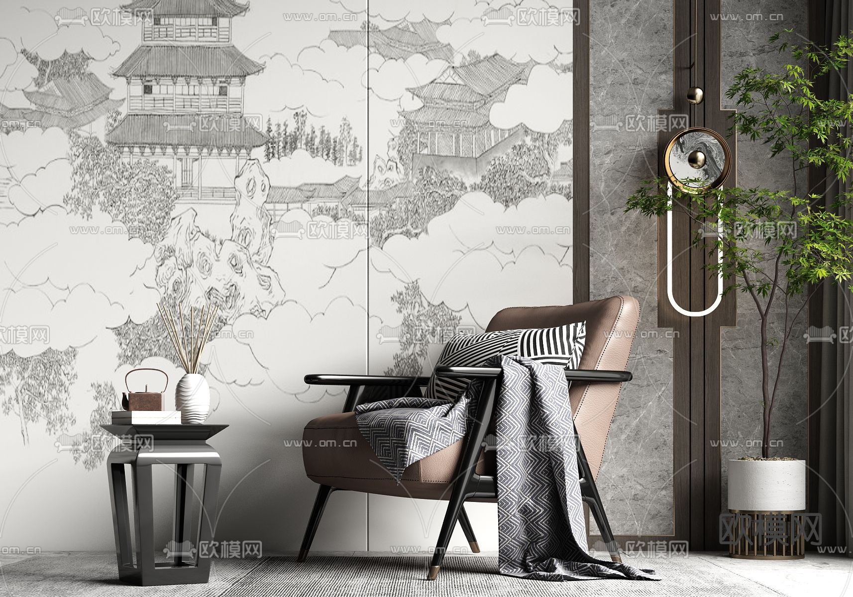 新中式休闲沙发椅3d模型下载