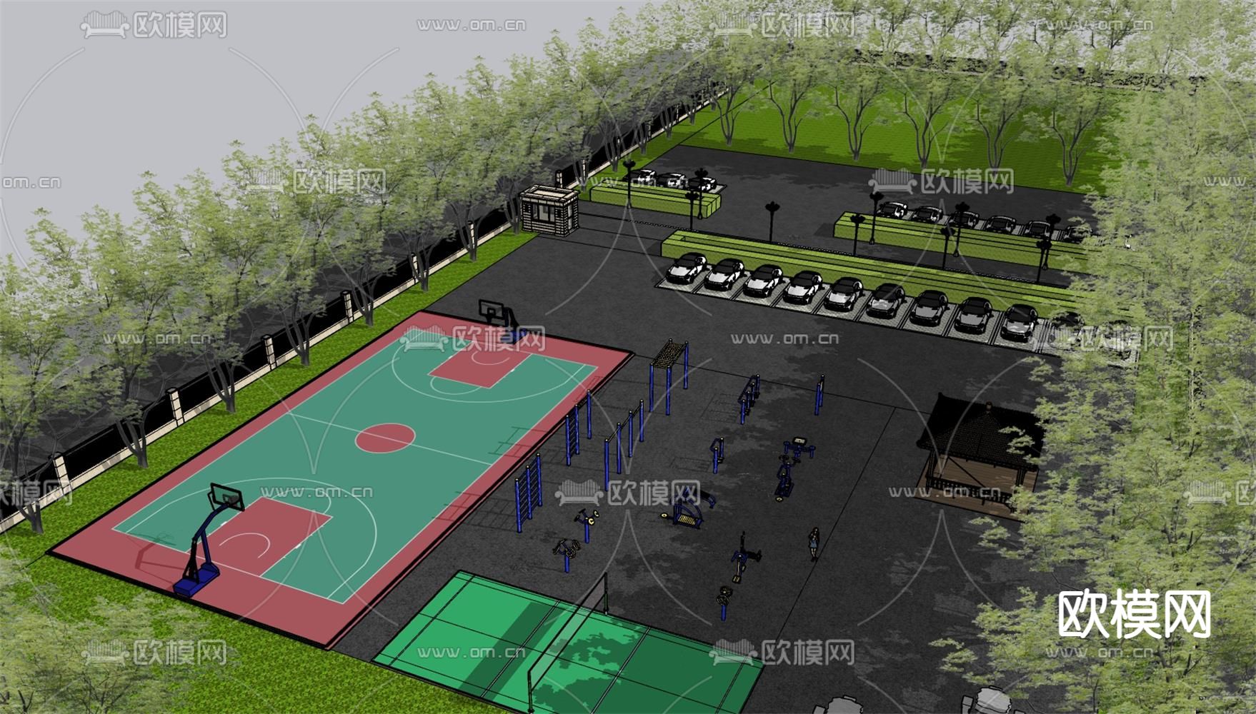 现代篮球场停车场su模型下载（渲染图3）