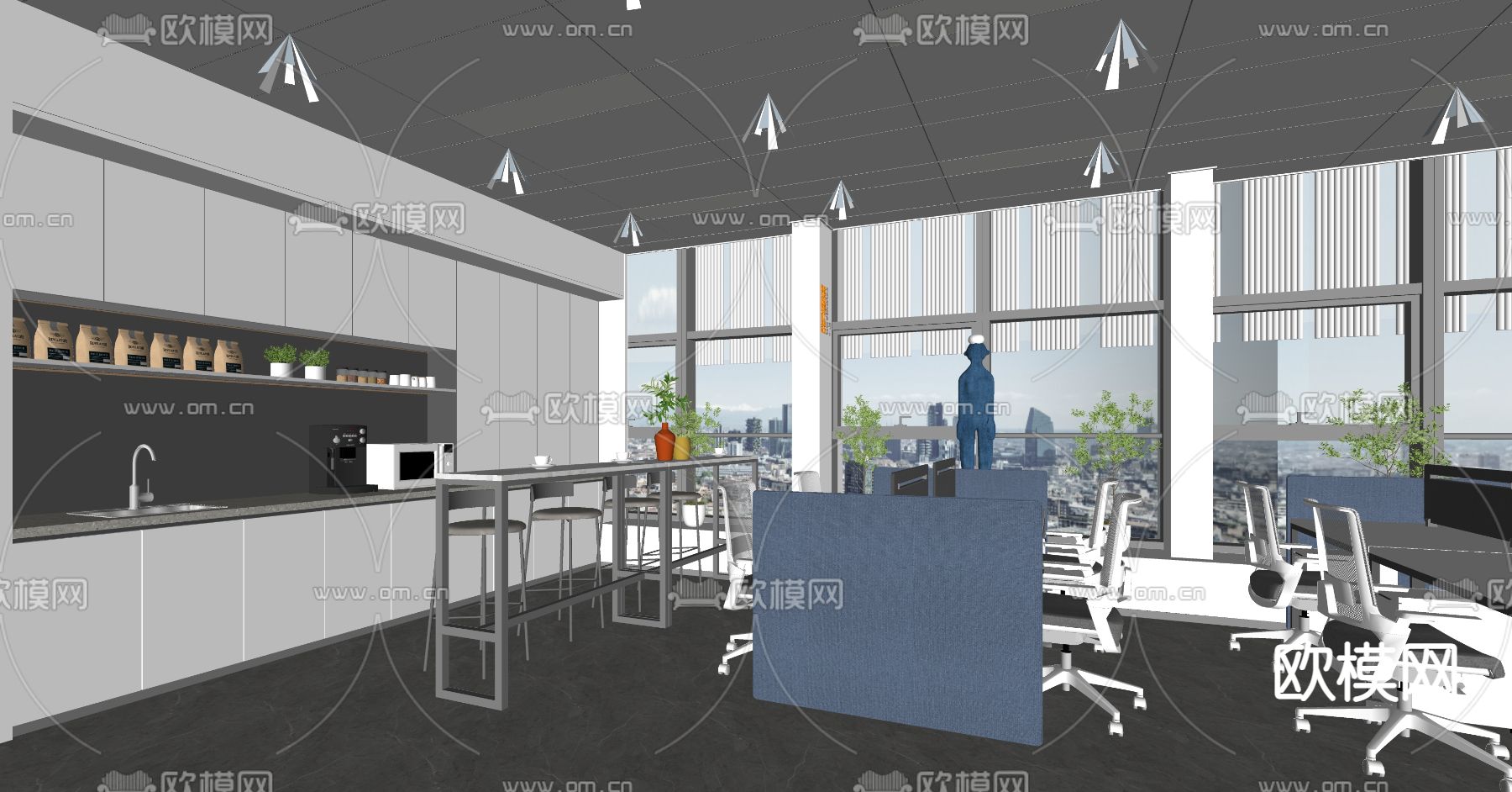 现代敞开式办公区su模型下载（渲染图2）