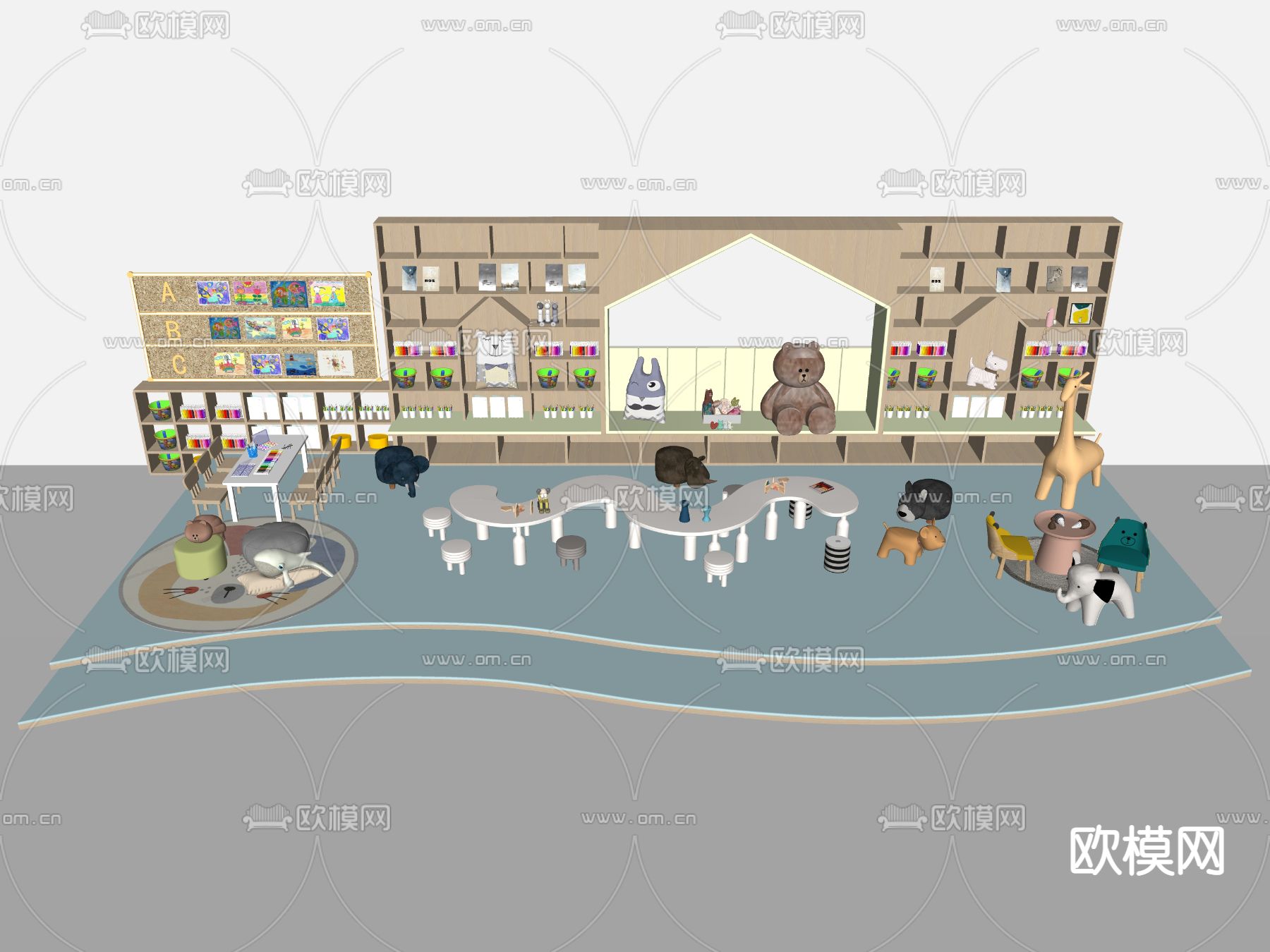 现代儿童桌椅 儿童书柜su模型下载（渲染图2）