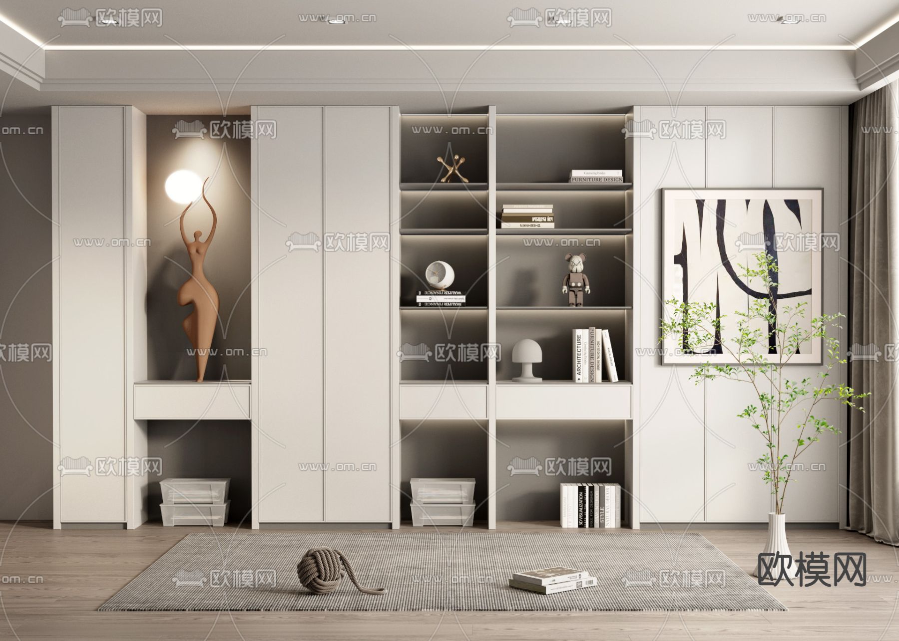 奶油风书柜3d模型下载