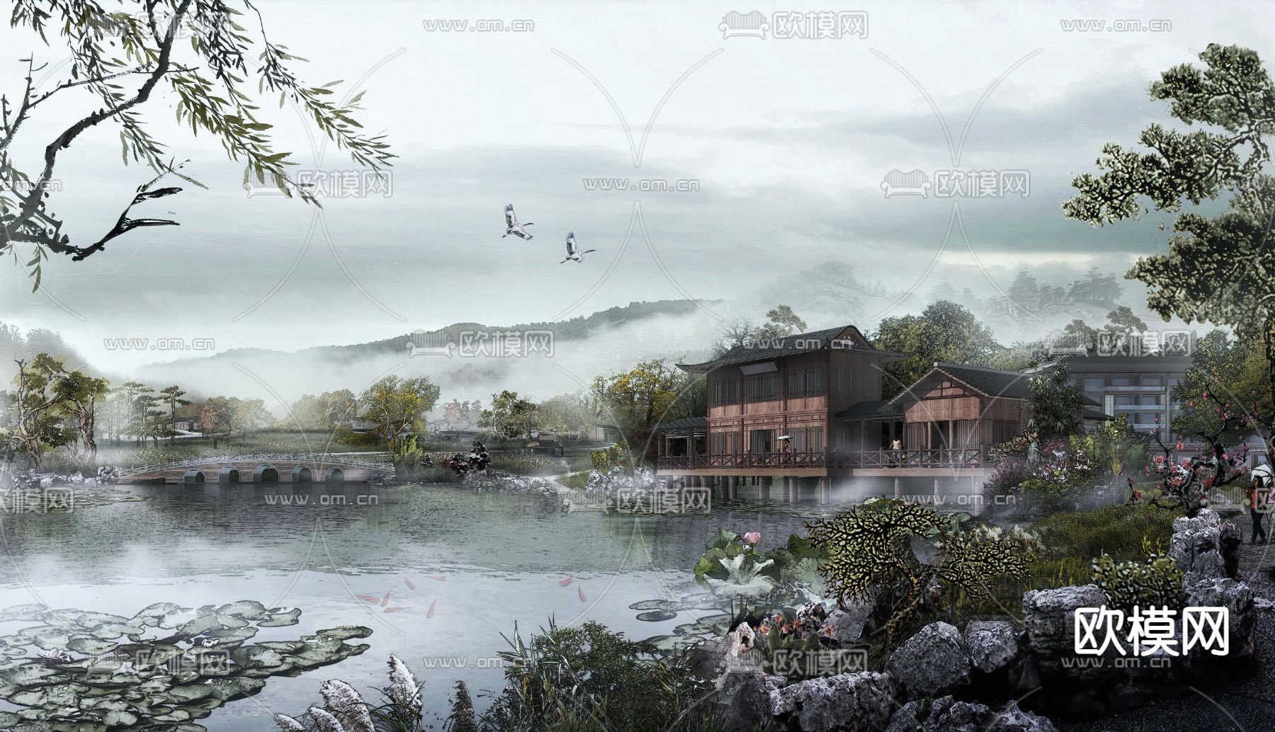 中式湖边古建外观psd下载