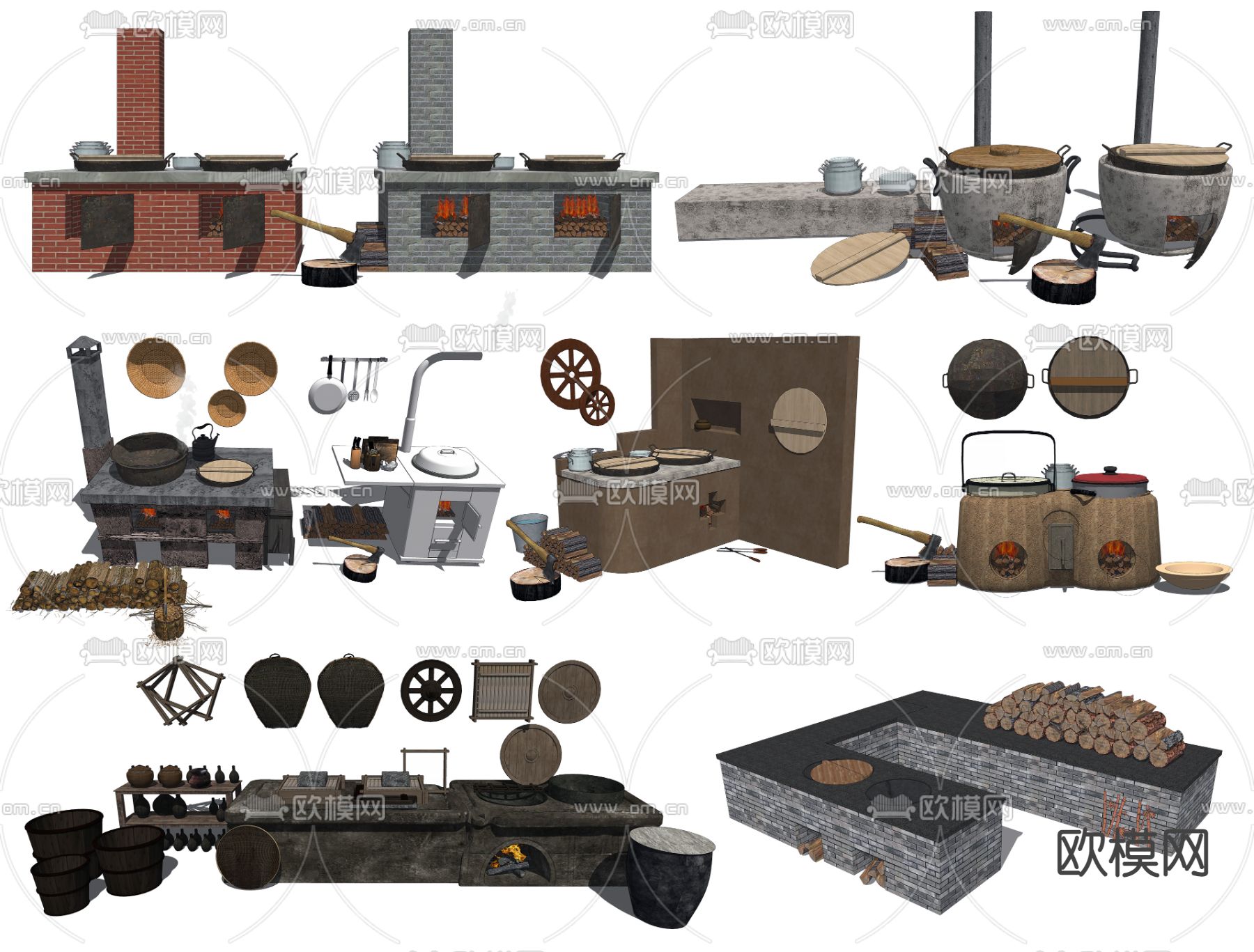 中式灶台 柴火灶su模型下载