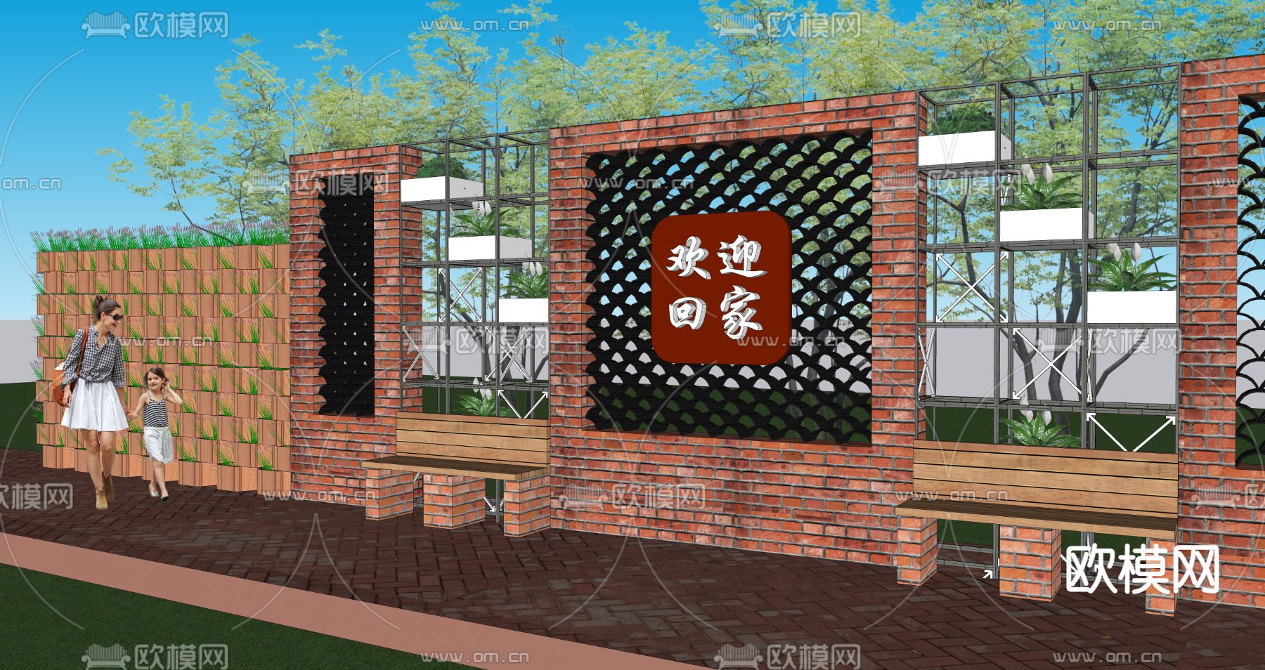 工业风红砖景墙小品su模型下载（渲染图3）