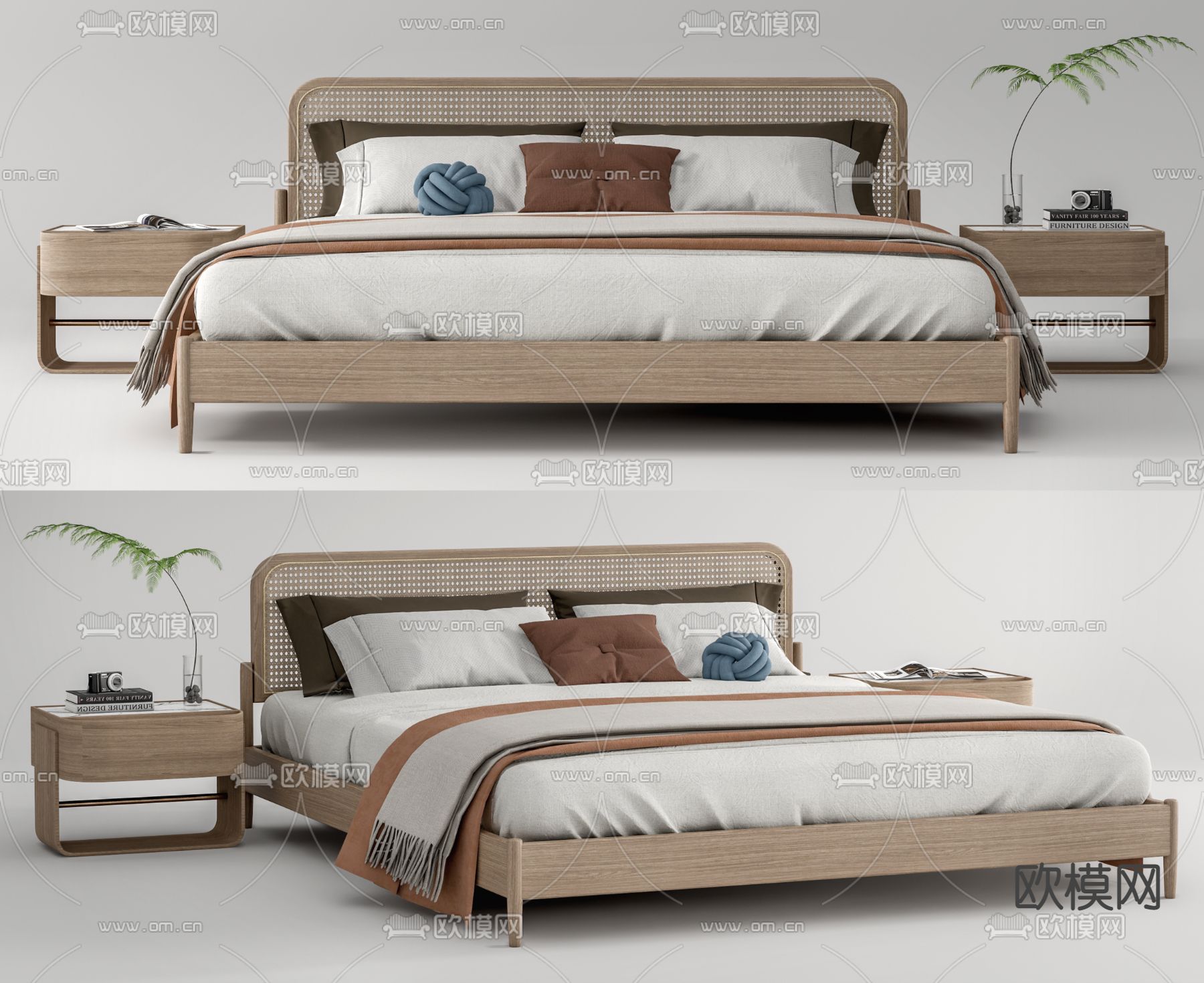 北欧双人床 床头柜su模型下载（渲染图1）