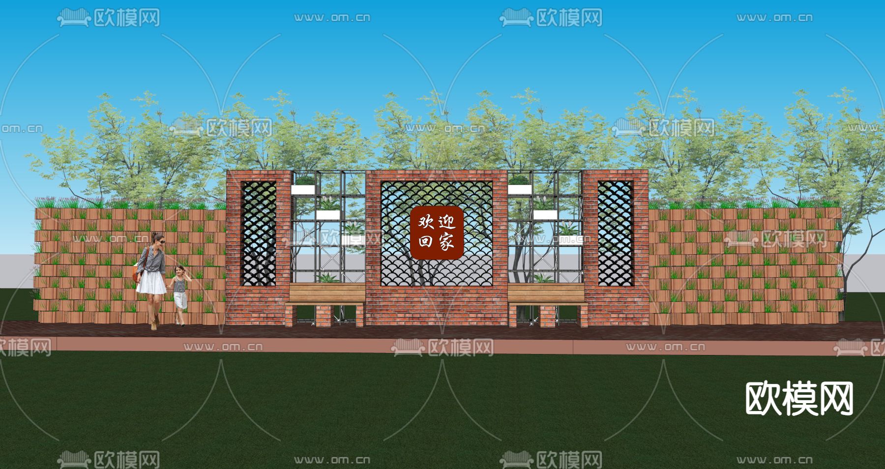 工业风红砖景墙小品su模型下载（渲染图1）
