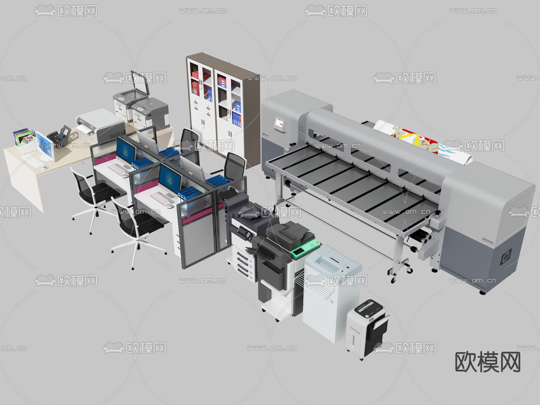 现代办公桌椅 卡位su模型下载（渲染图1）