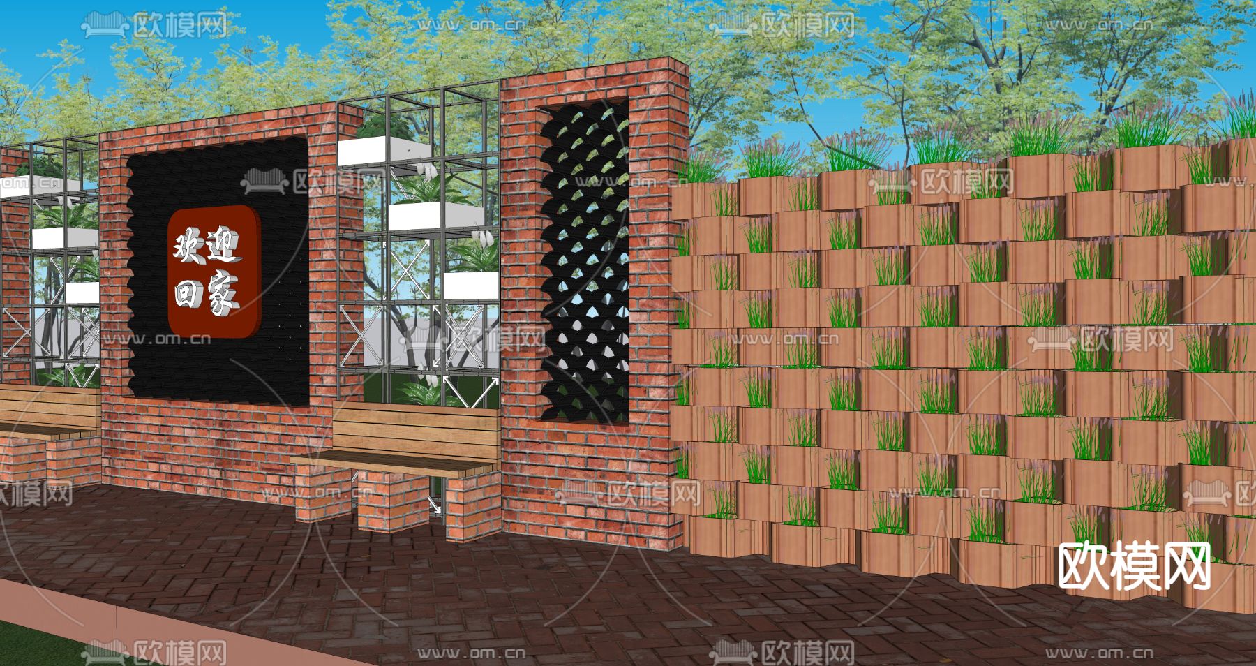 工业风红砖景墙小品su模型下载（渲染图4）