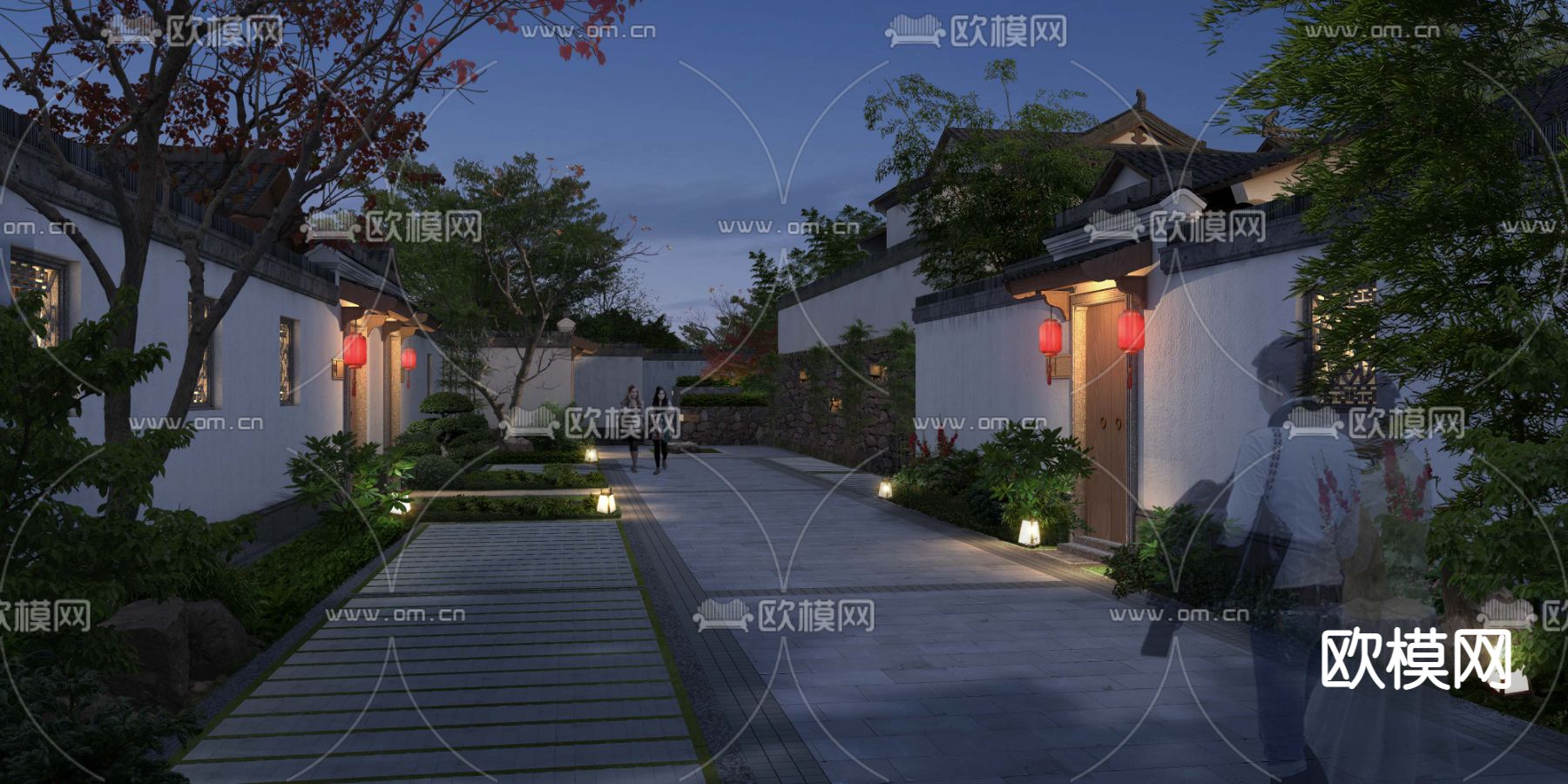 中式别墅入口夜景psd下载