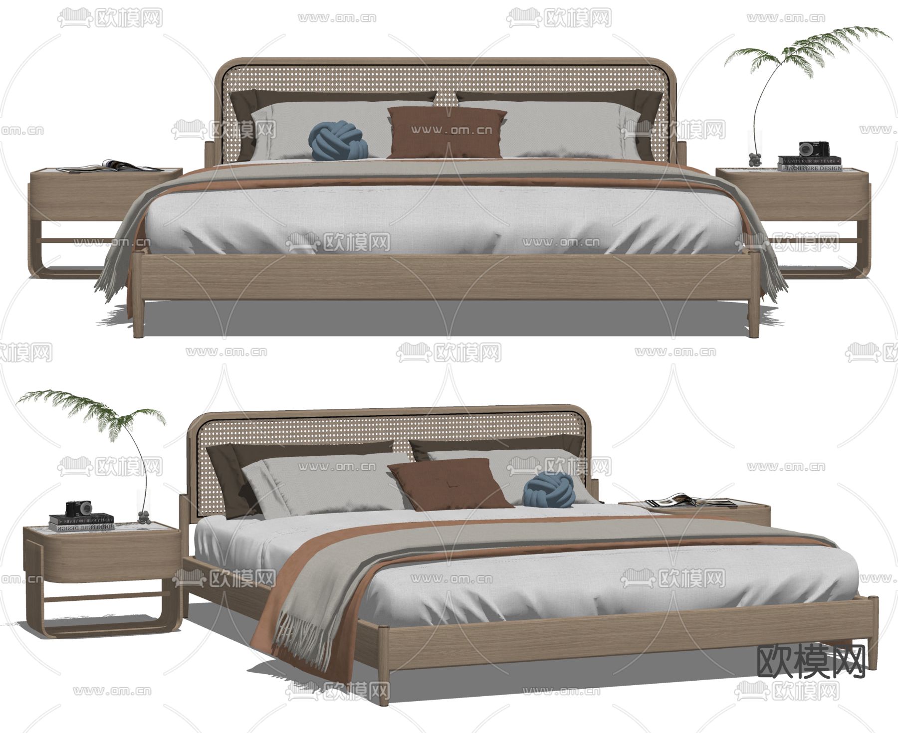 北欧双人床 床头柜su模型下载（渲染图2）