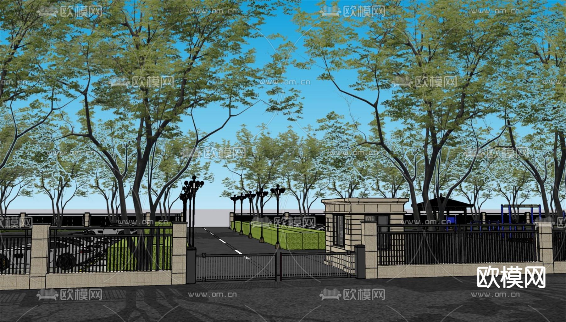 现代篮球场停车场su模型下载（渲染图1）