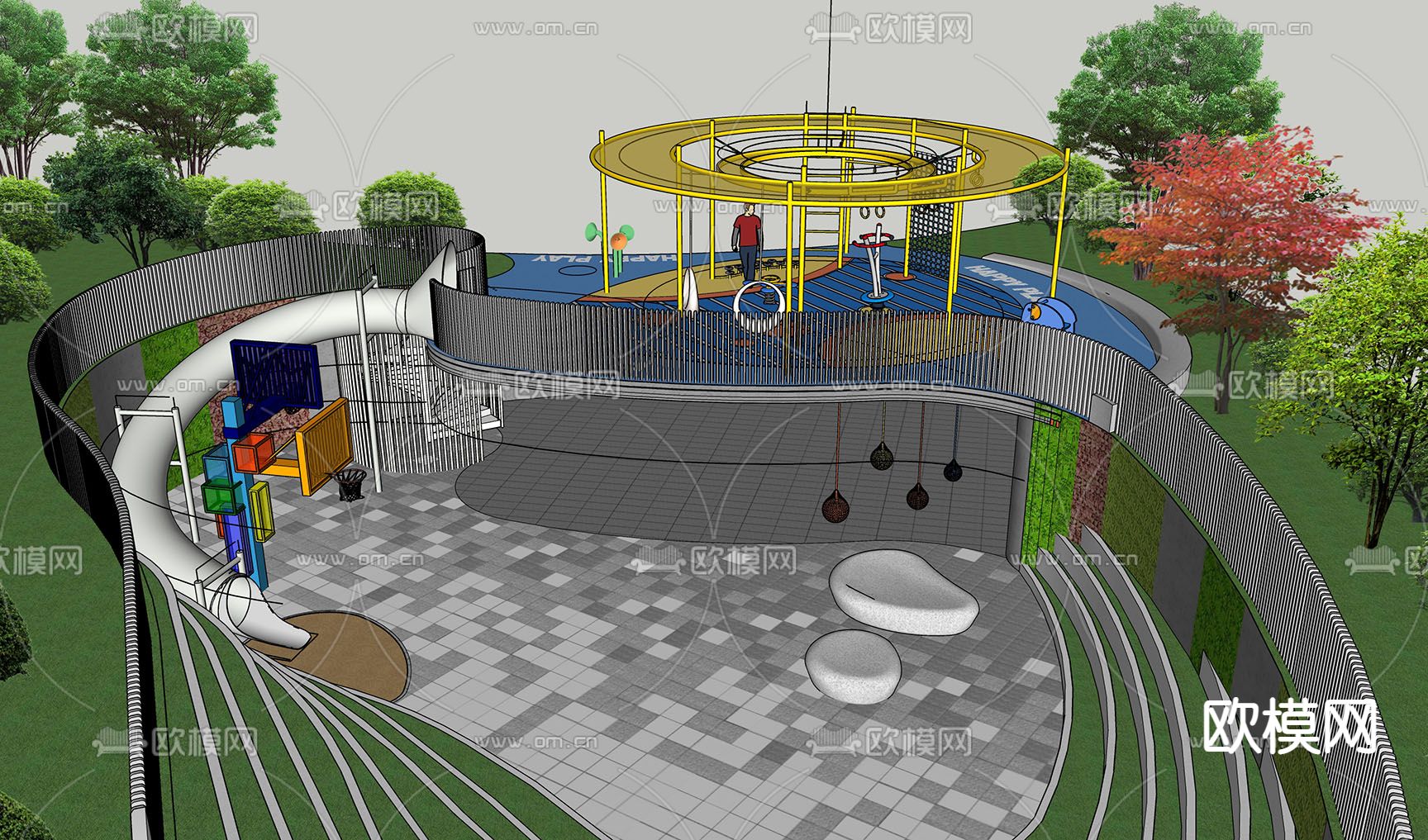 现代公园儿童游乐设备su模型下载（渲染图1）